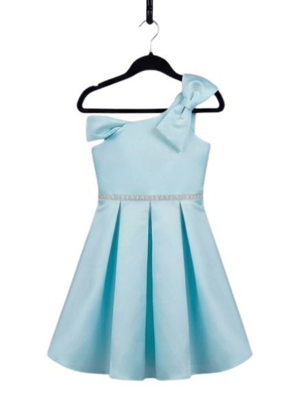 Girls Light Blue One-Shoulder Bow Dress