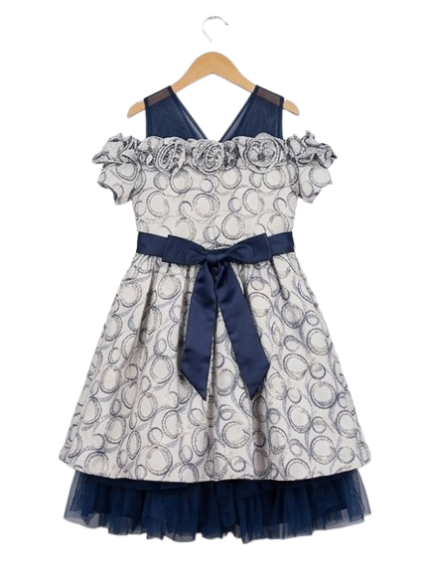 Pafim Cream & Navy Geometric Swirl Cold-Shoulder Party Dress