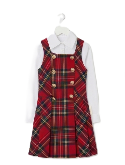 New Collection Girls Red Tartan Plaid Pinafore & White Blouse Set